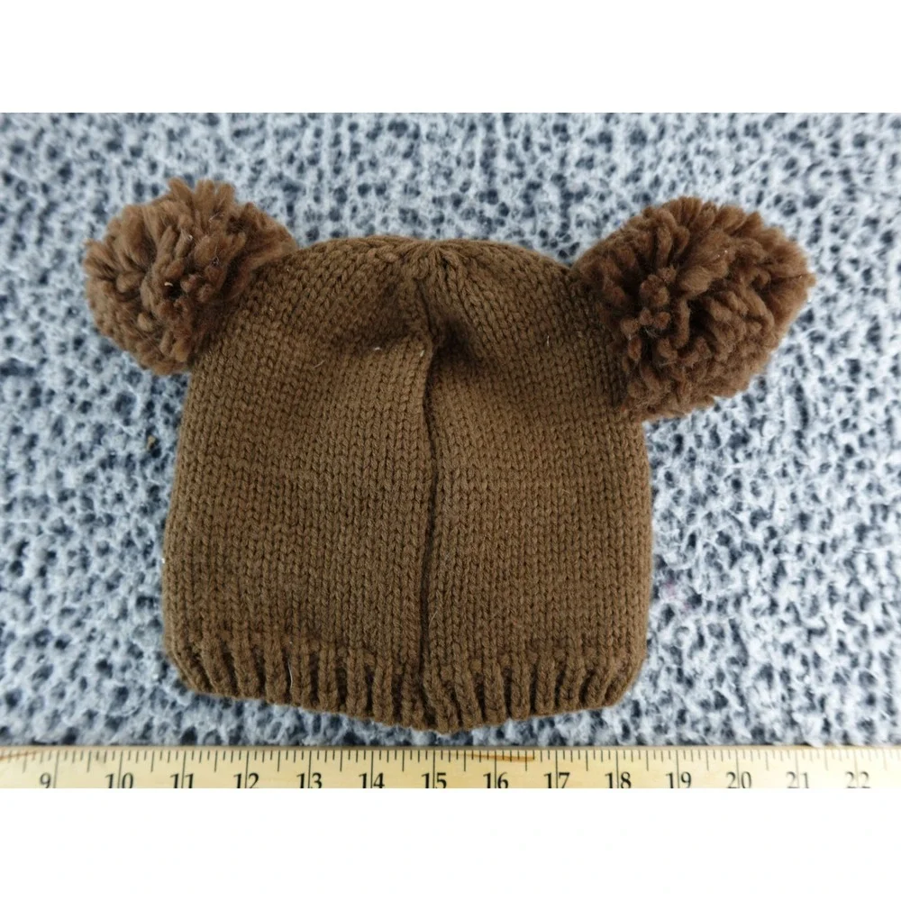 Kids Bear Face Knit Beanie‎ Hat with Pom Pom Ears Brown OSFM